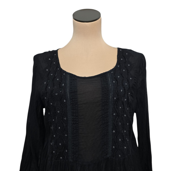 Maeve Dress Womens Medium Black Embroidered Boho Long Sleeve Tunic Flowy India - Picture 6 of 8
